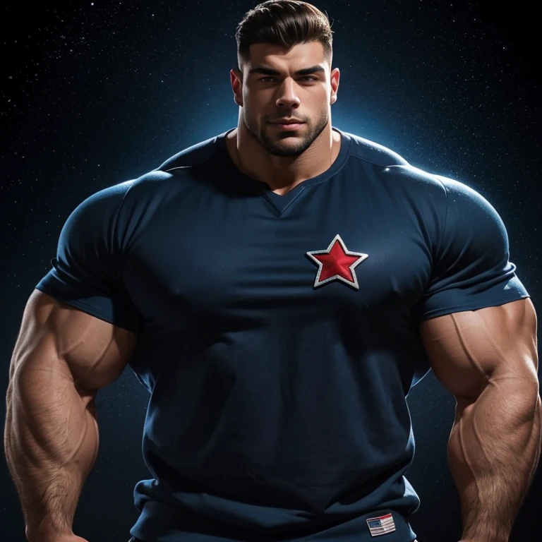 a very handsome young man, with massively large muscles, massively muscular, with massively large biceps, with massively large arms, wearing a blue and red sweatshirt with a star on the chest, on a black background