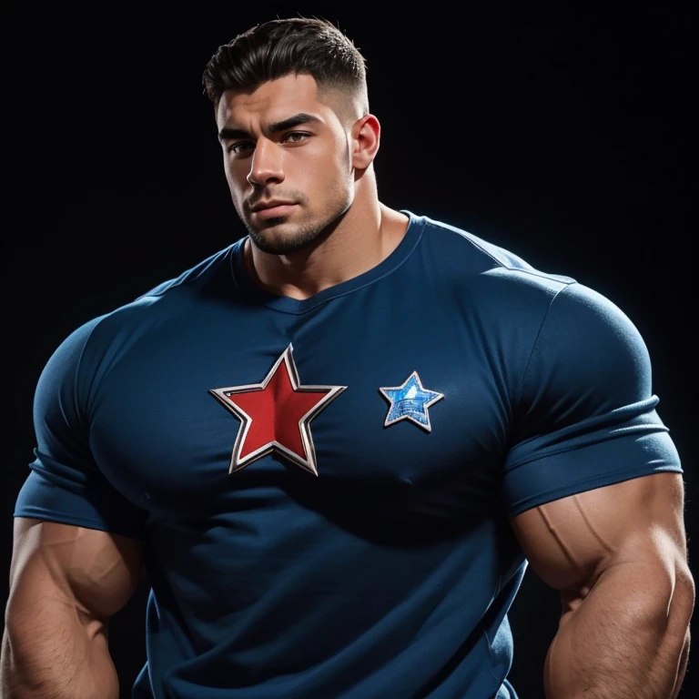 a very handsome young man, with massively large muscles, massively muscular, with massively large biceps, with massively large arms, wearing a blue and red sweatshirt with a star on the chest, on a black background