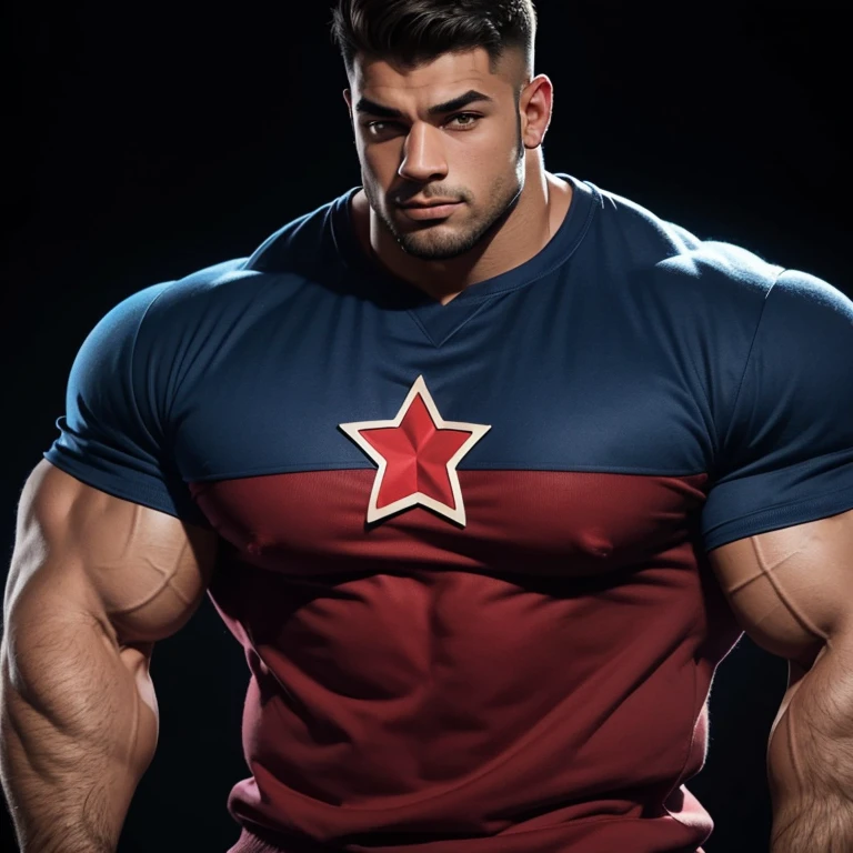 a very handsome young man, with massively large muscles, massively muscular, with massively large biceps, with massively large arms, wearing a blue and red sweatshirt with a star on the chest, on a black background
