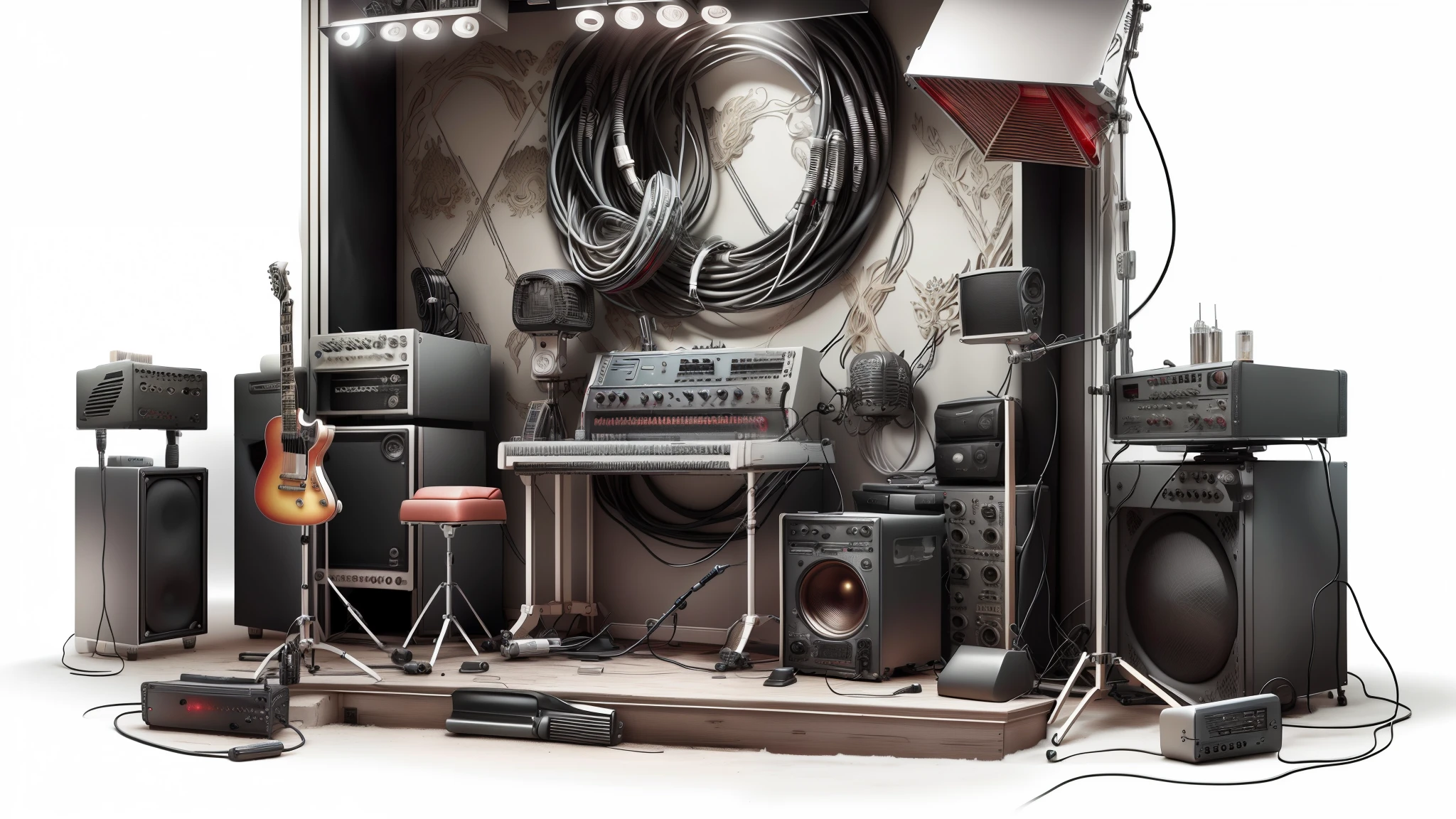 In the recording studio,masterpiece,Best Quality,Super detailed,small stage,band,(Condenser microphone),(electric guitar),mixer,vocal,keyboard,dark gothic pattern,(vocal)auricular,interior light,empty tube,White sand。microphone cable,Guitar cable,monitor,Various musical instruments