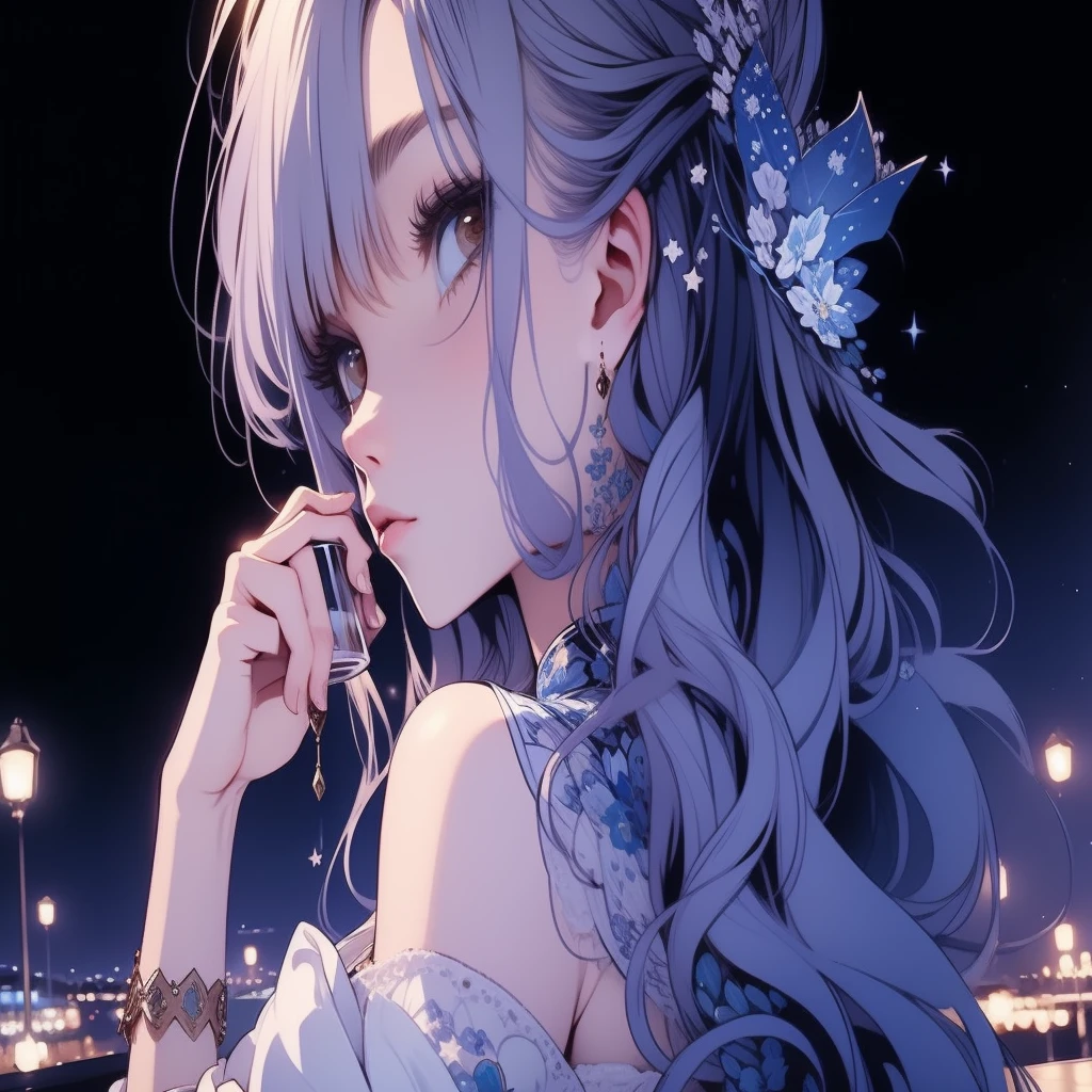 best quality ,masterpiece, illustration, an extremely delicate and beautiful, extremely detailed, Beer, beer gardens and starry night views, Woman with beer mug,