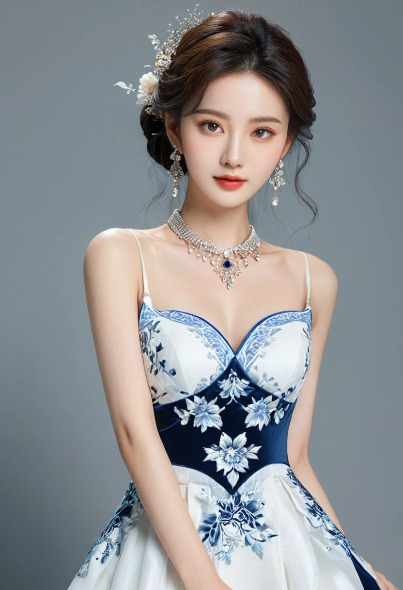 Realistic photo style, whole body 사진에 아름다운 아시아 소녀가 등장합니다., Wearing a unique ethnic style evening gown with delicate skin., bright and lively eyes, Thick eyelashes that look especially attractive. Long dresses are slim and elegant., Eye-catching silver jewelry and alcohol. The high-collar design adds an elegant atmosphere., Color of blue and white porcelain. using light and shadow, The vivid and harmonious appearance of the protagonist is highlighted... whole body, (masterpiece, best quality, professional, perfect composition, very aesthetic, absurd, very detailed, intricate details:1.3)