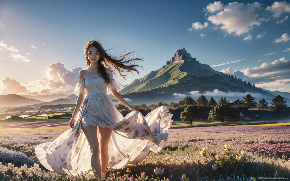 1girl, dynamic angle, cloud and mountain, (flower field:1.4) in the foreground, white dress, light tracing, (floating colorful wind:1) (photorealistic:1.4), official art, unity 8k wallpaper, ultra detailed, beautiful and aesthetic, masterpiece,best quality, glowing skin, cinematic lighting, light smile