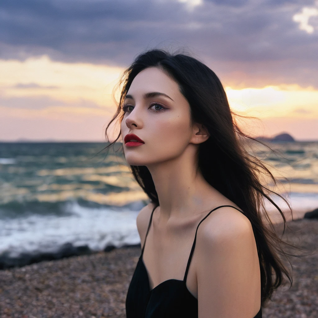 a duochrome light green and black gritty grunge photo of a beautiful woman with long dark hair, red plum lips, and blue charming eyes, wearing a short black summer dress watching the sunset next to the sea.