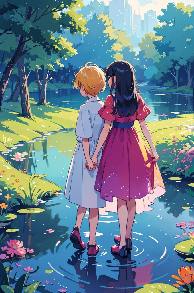 (masterpiece, best quality:1.1), (ultra highres, ultra-detailed:1.2) ,(silhouette of couple stands in the middle of lake), (crystal raindrops around them), rainbow,light from the sun is reflected on the surface of the lake., digital art,fantasy art, colorful, beautiful colors, bright colors, colorful paint splashes, vibrant colors, vivid colors, high resolution, hyper-realistic, highly detailed.