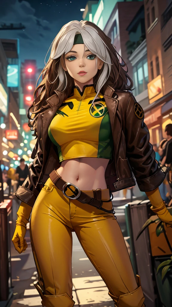 (Highly quality, masterpiece, detailed), night city detailed scenario, night city detailed background, 20 years old girl, solo, multi colored hair, white hair, brown hair, Superhero, Rogue, Xtreme, blue eyes, jacket, open clothes, belt, open jacket, headband, cropped legs, leather, leather jacket, green pants, yellow pants, yellow leather top, green leather top, crop top, navel, perfect face, beautiful eyes, perfect eyes, looking at the viewer, Sexy pose