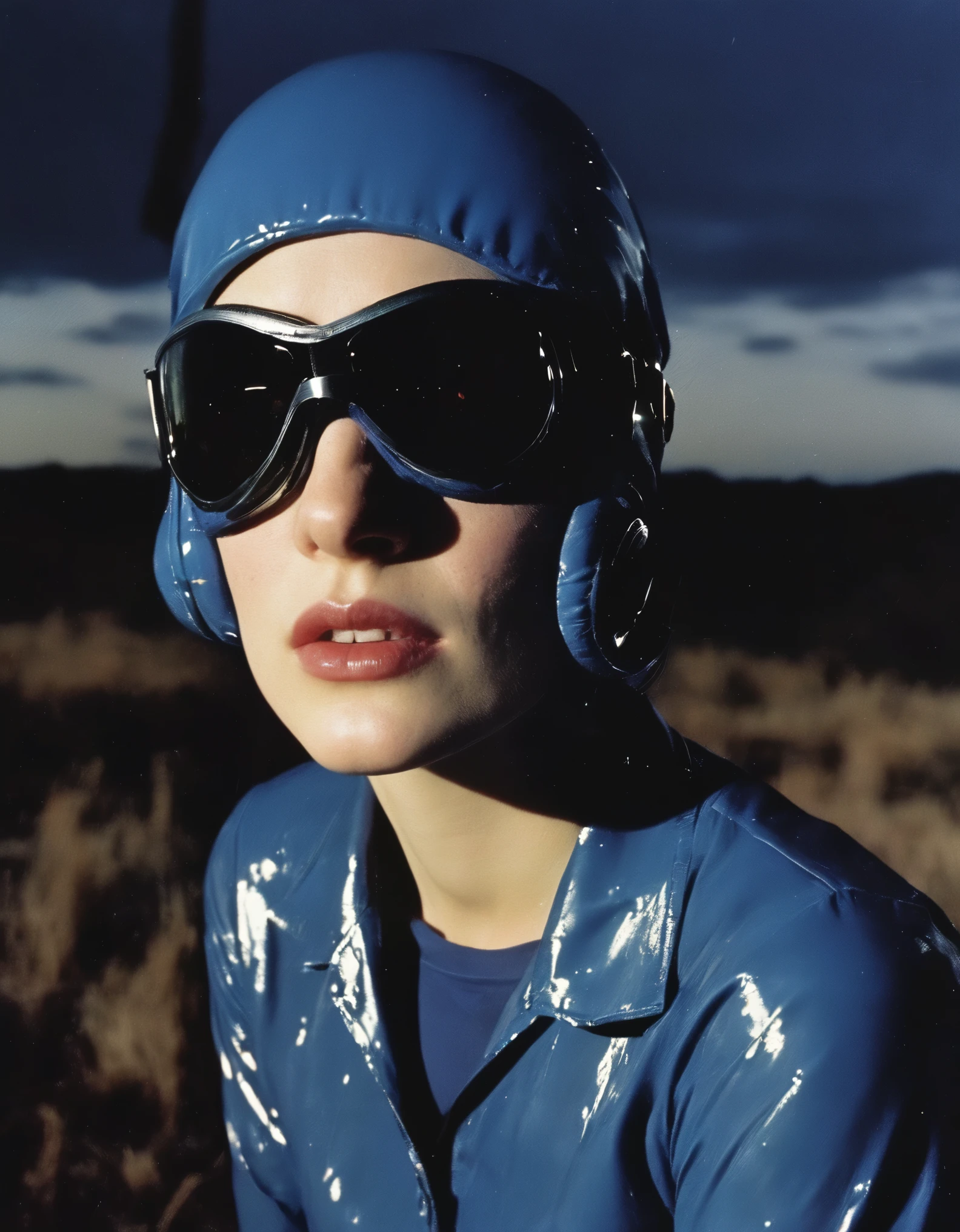 film photography, vintage, 90's vintage arthouse fashion shoot of female wearing enduro goggles , blue dark background