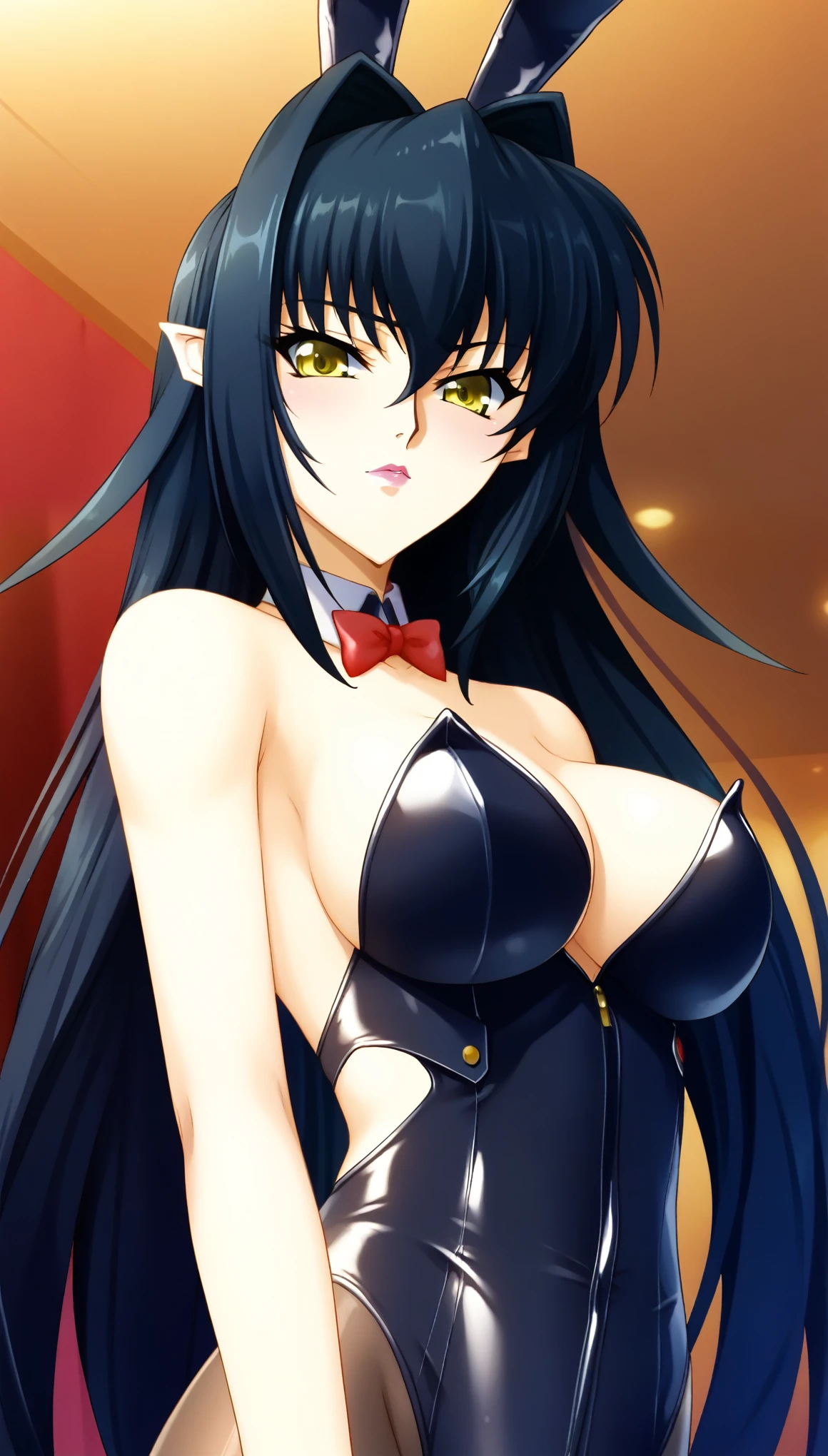 perfecteyes, score_9, (((Annerose))), pointy ears, 1girl, black hair, long hair, hair intake, yellow eyes, (bunnysuit), black bunnysuit, skin tight, half body shot, looking at viewer, elegant and cute shy, front view, sideboobs