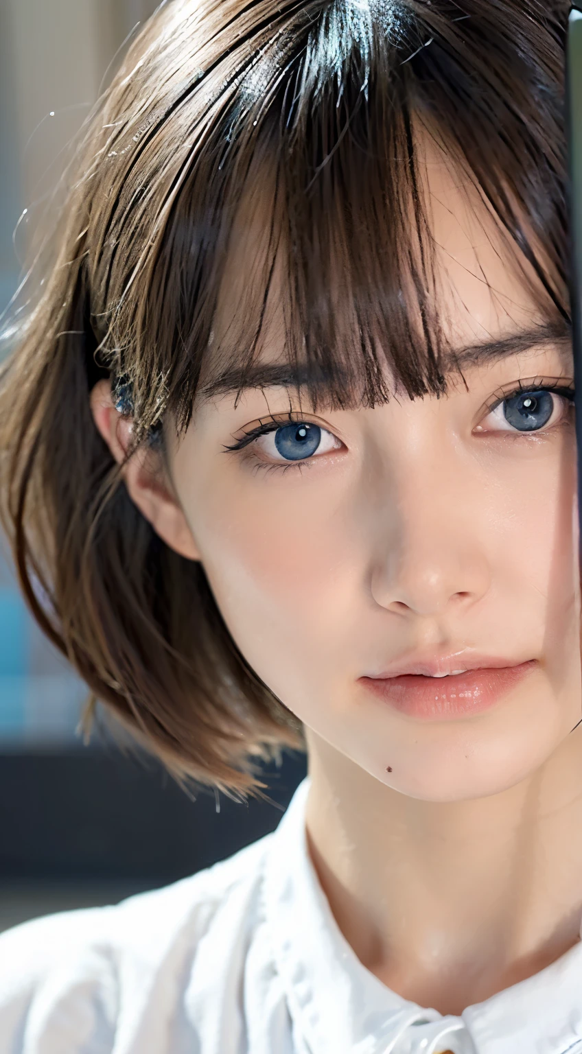 Beautiful and fair、Glowing Skin, 3 Up, Nice, bright, Refreshing and gentle look, Perfect beautiful face、Blonde Short Hair，Beautiful shiny bangs, Very beautiful  girl, eyeliner, so perfect and beautiful、big, clear, Sky blue eyes，Very large breasts，The original skin is visible through the grooves，athlete