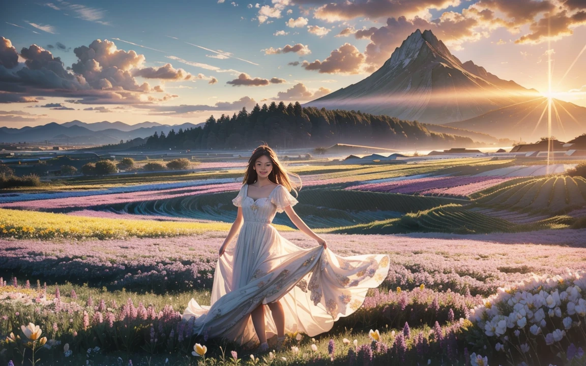 1girl, dynamic angle, cloud and mountain, (flower field:1.4) in the foreground, white dress, light tracing, (floating colorful wind:1) (photorealistic:1.4), official art, unity 8k wallpaper, ultra detailed, beautiful and aesthetic, masterpiece,best quality, glowing skin, cinematic lighting, light smile