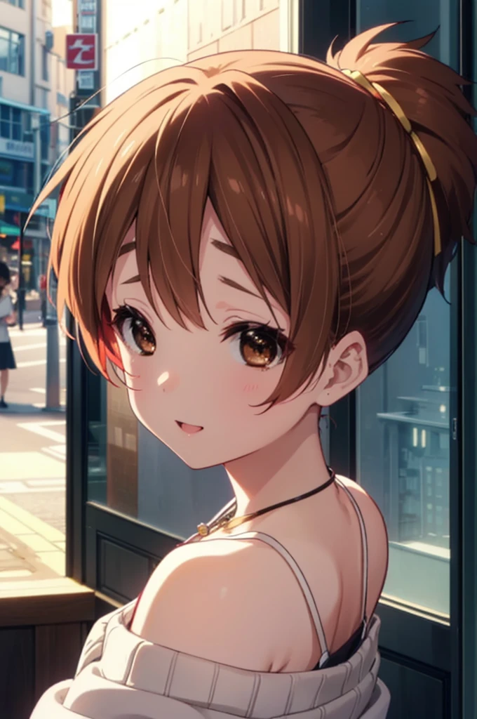 (masterpiece:1.2), Highest quality, High resolution, unity 8k wallpaper, (shape:0.8), (Beautiful details:1.6), Highly detailed face, Perfect lighting, Extremely detailed CG, (Perfect hands, Perfect Anatomy),Yu Hirasawa,short hair, Brown Hair, (Brown eyes:1.5), ponytail,happy smile, smile, Open your mouth,Off-the-shoulder sweater,Long skirt,Exposing shoulders,bare clavicle,Bare neck,Rocket Pendant,whole body