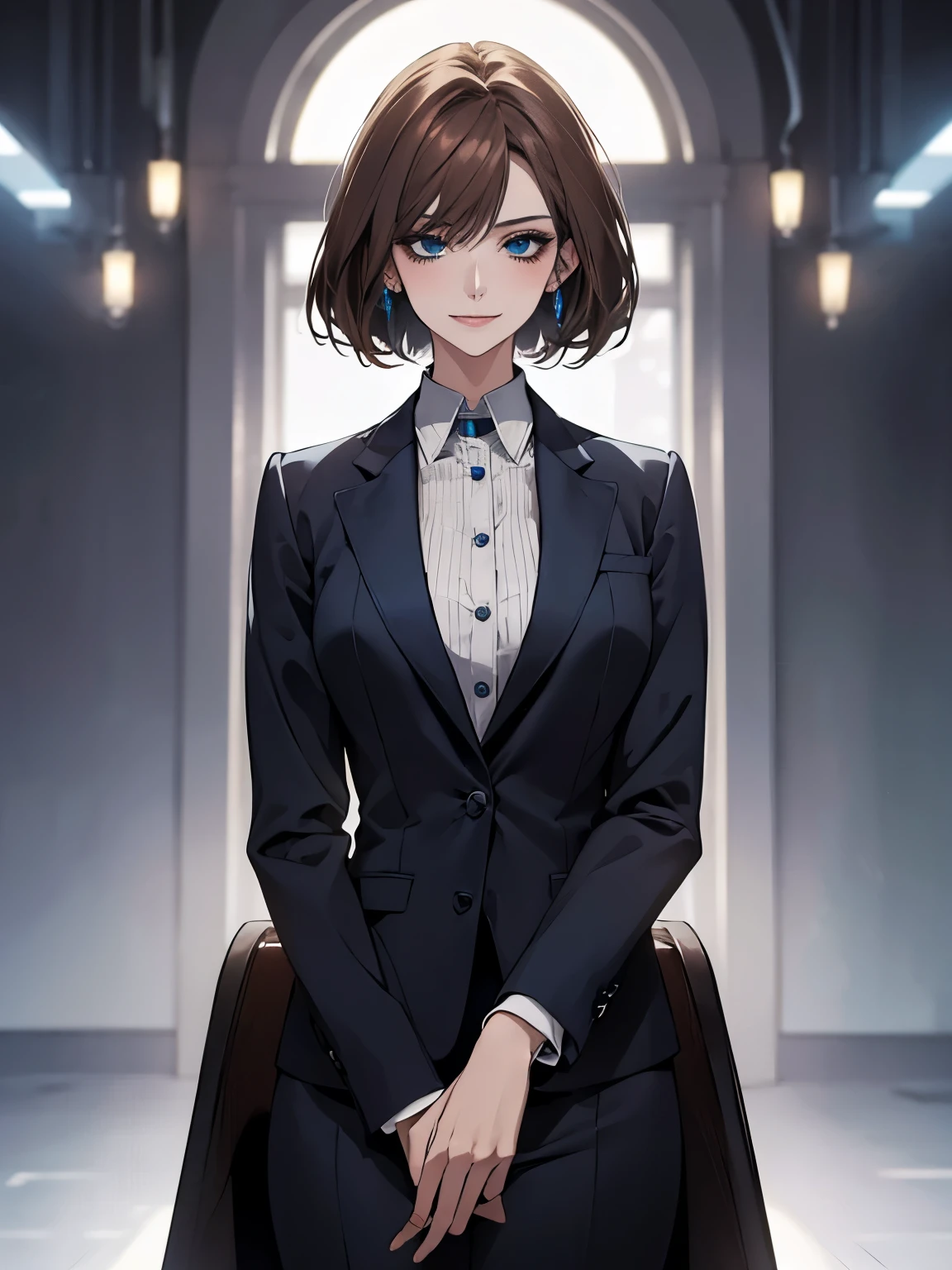 (Highest quality,High resolution,Very detailed),1 girl, Beautiful and elegant light blue eyes, Brown Hair, Cold Smile,Bob Hair, Wearing a suit, Mature Woman, Age 25,Cruel smile, Calm and Calm, Slim figure, Pale complexion, thin, Calm, secretary