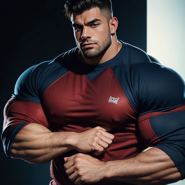 a very handsome young man, with massively large muscles, massively muscular, with massively large biceps, with massively large arms, wearing a half blue sweatshirt with long red sleeves, on a black background