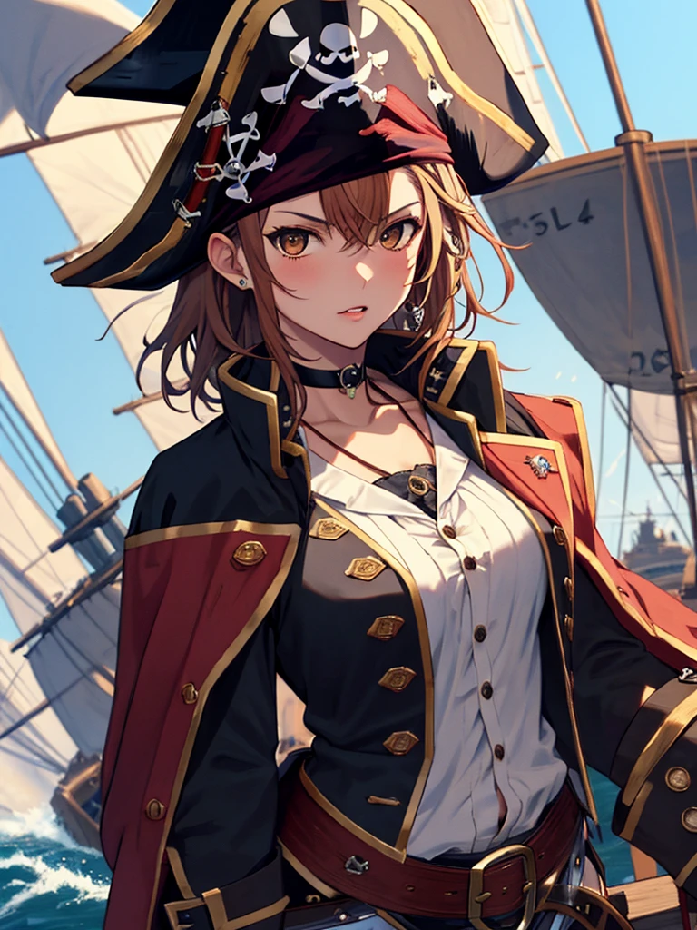 lots of pirates, Pirate tactics, cannon, war, (Pirate War:1.5), Misaka Mikoto, 1girl, black choker, uhd, retina, masterpiece, ccurate, anatomically correct, textured skin, super detail, high details, high quality, best quality, highres, 4K