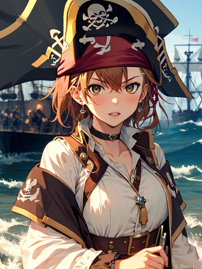 lots of pirates, Pirate tactics, cannon, war, (Pirate War:1.5), Misaka Mikoto, 1girl, black choker, uhd, retina, masterpiece, ccurate, anatomically correct, textured skin, super detail, high details, high quality, best quality, highres, 4K