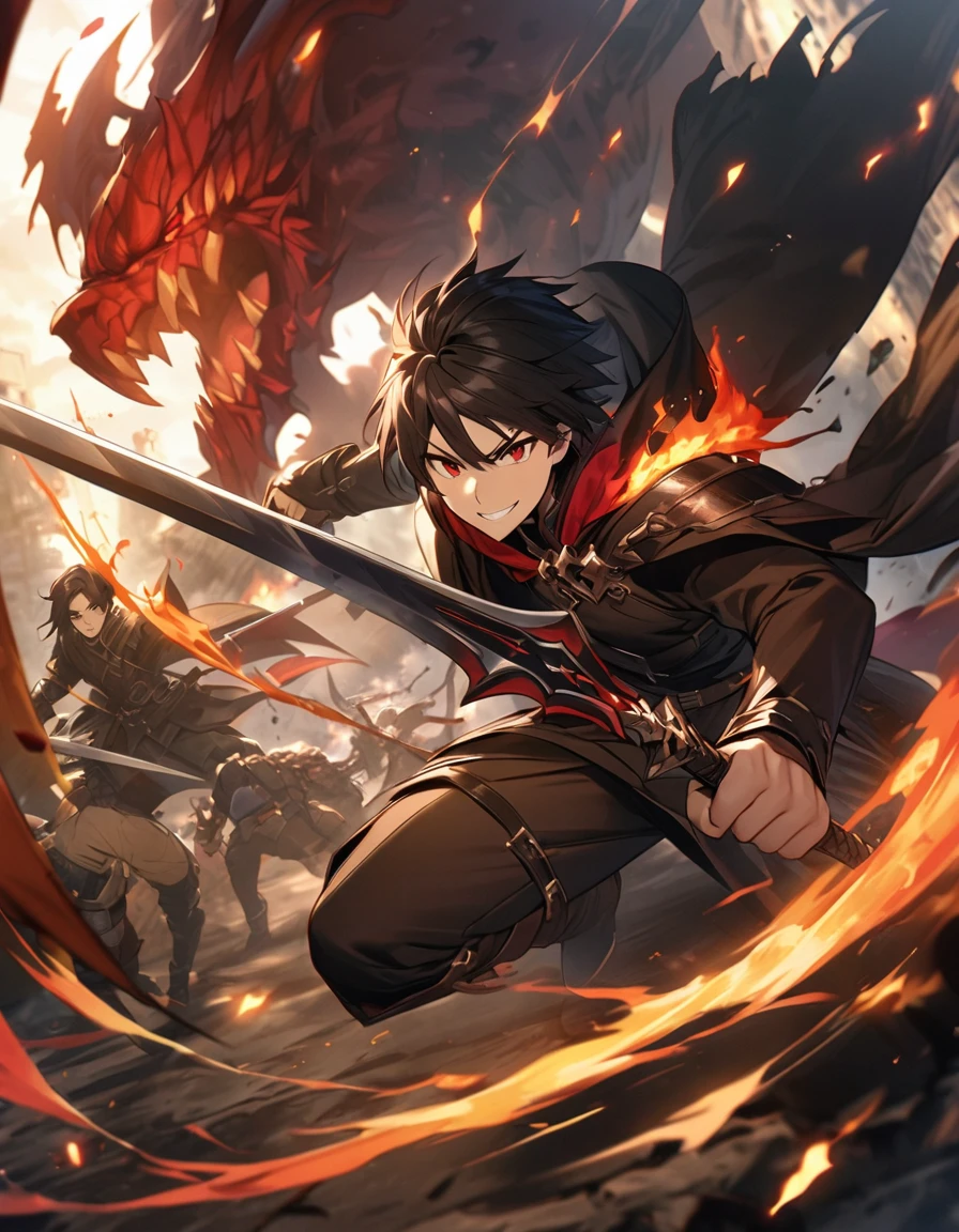 high quality, High resolution, 4K, Black Hair、Red Eyes、Japanese、man around 20 years old、Handsome、A kind smile、Braveヒンメル、Equipped with a sword、Black Cape、boots、During battle with monsters、Brave、Wearing flames、The strongest swordsman、Braveパーティ、Black Hairショート、Outside the Demon Castle、Battle with the Demon King
