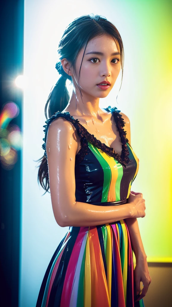 Beautiful Japanese Woman, The wax dress melts and drips off her body.. (masterpiece: 1.2), (Highest quality), 4K, Very detailed, (moving composition: 1.4), Very detailed, Colorful details, (Rainbow colors: 1.2), (Bright lighting, Atmospheric lighting), dream-like, magic, (alone: 1.2) , Side Ponytail,