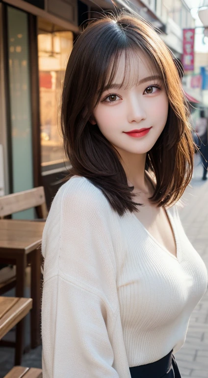 On the table, best quality, illustration, Extremely detailed, Fine details, high resolution, 8k wallpaper, Perfect dynamic composition, Beautiful and delicate eyes, Summer Clothing,Medium Length Hair, Large Breasts, Natural lipstick, Casual and sexy pose,Smile,Strolling along Qingshan Street、20 year old girl、Lovely