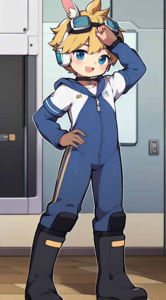 2D Shonen Shota,One-piece suit,Slim, healthy body,Put the headphones on your head,stand up,goggles,Rabbit ears,Happy,Sailor collar,boots,charming,Akimbo