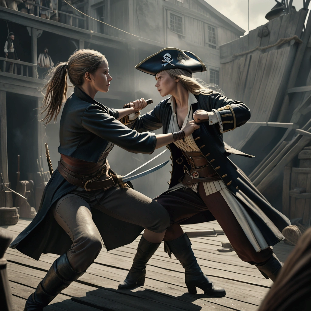 pirate crews in hand-to-hand combat, fully clothed highly detailed, muscular figures, dynamic poses, swords clashing, gritty realistic environment, moody lighting, muted color palette, cinematic composition, (best quality,4k,8k,highres,masterpiece:1.2),ultra-detailed,(realistic,photorealistic,photo-realistic:1.37),chiaroscuro lighting, dramatic shadows, rugged texture, heroic action, intense expression