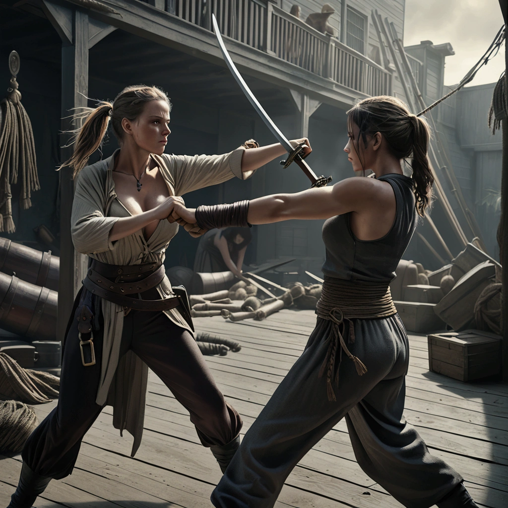 pirate crews in hand-to-hand combat, fully clothed highly detailed, muscular figures, dynamic poses, swords clashing, gritty realistic environment, moody lighting, muted color palette, cinematic composition, (best quality,4k,8k,highres,masterpiece:1.2),ultra-detailed,(realistic,photorealistic,photo-realistic:1.37),chiaroscuro lighting, dramatic shadows, rugged texture, heroic action, intense expression