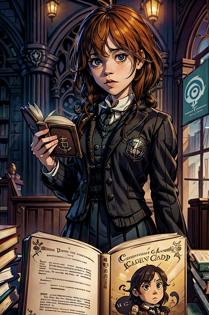 score_9, score_8, score_7_up, magic academy, library, Hermione Granger, confused cute chibi Cthulhu student, reading book, question marks floating over head, bemused teacher standing behind student, Hogwarts (/Harry Potter/)