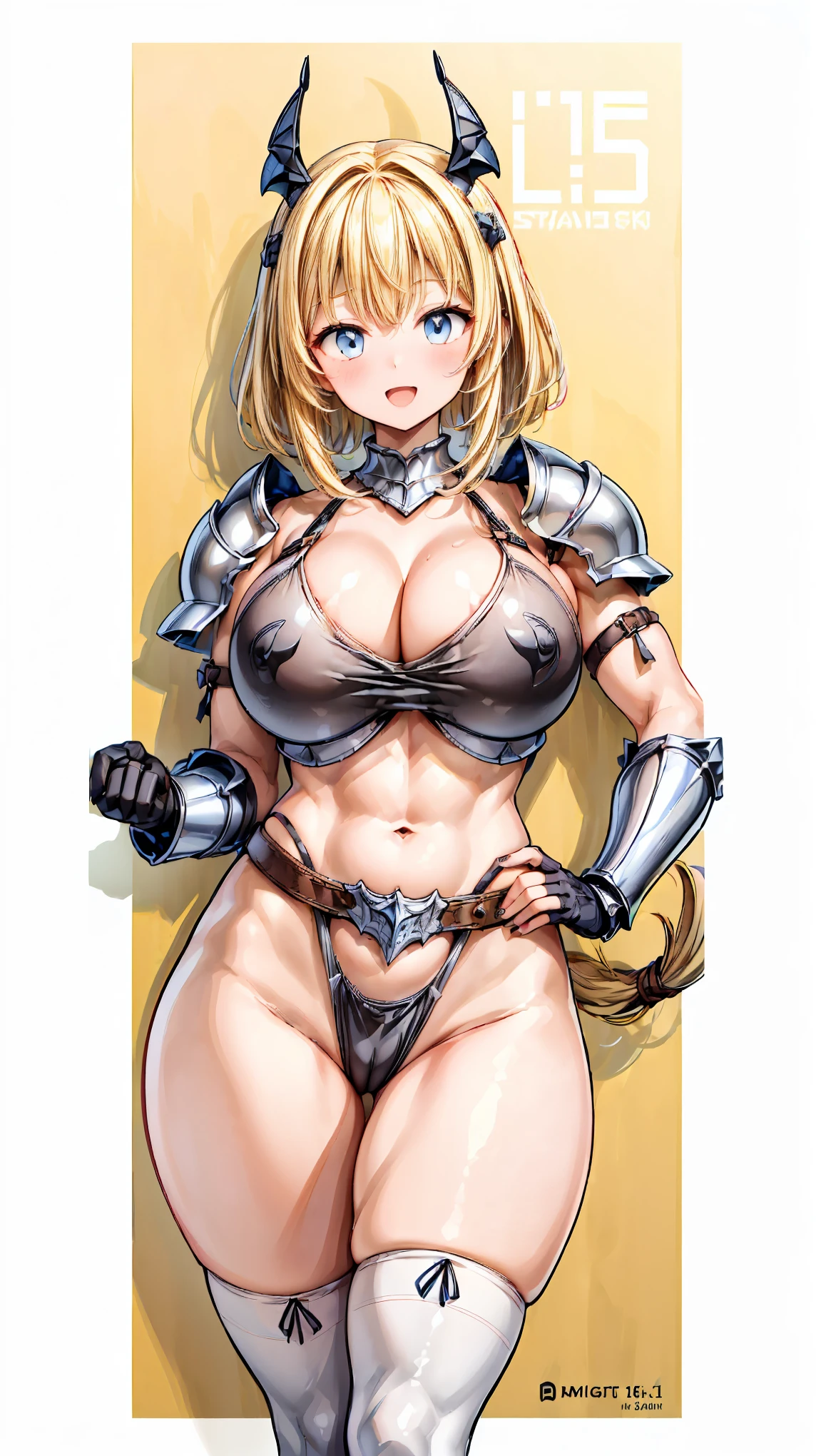 (Very detailed、Highest quality、Best image quality、masterpiece、8k)、(shoulder-length blonde hair:1.5、Medium Long Hair)、(smile、Open Mouth) 、(Hilarious)、(Big eyes)、(Beautiful and shining eyes)、(Detailed anime eyes)、(Puffy eyes)、(Big Breasts:1.8、only breasts are in full view :1.5、bare breasts:1.5 、bare nipples:1.5、 thick nipples、erection of nipple、pepperoni nipple、necklace)、((SFW Huge Body:1.8))、(knight armor、Wearing white bikini armor:1.5、High leg T-back、Arm Armor、Leg armor:1.5、armor on the waist:1.5、Waist belt:1.5、Thigh-high socks、Garter Straps:1.5、Put on a helmet:1.5)、(Cowboy Shot)、(Hands on hips)