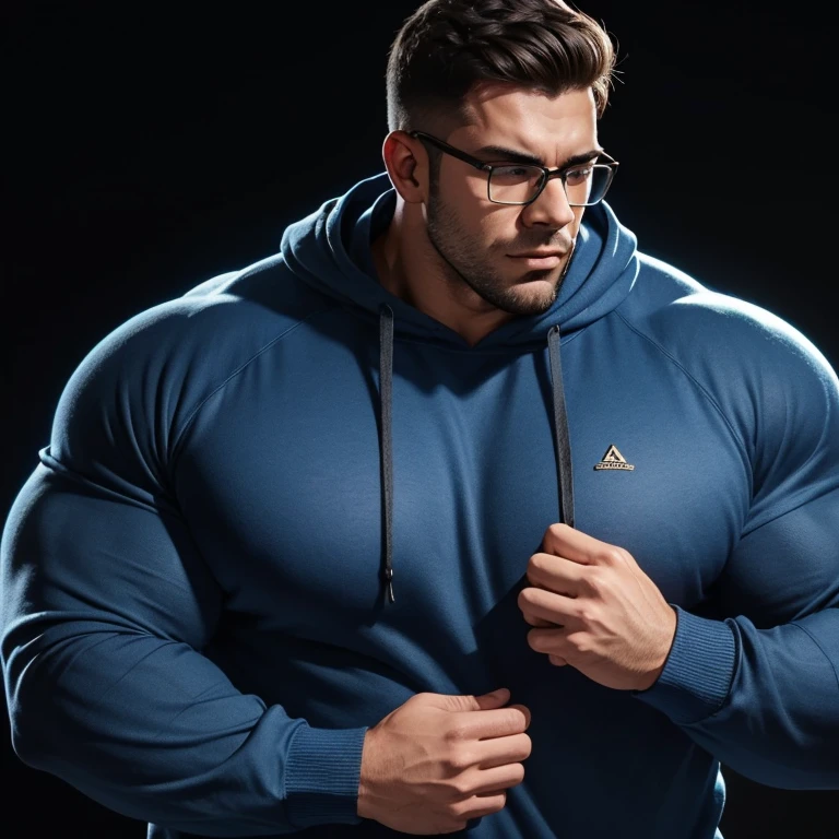 a very handsome young man, massively muscular, with massively large muscles, with massively large biceps, with massively large arms, wearing a simple blue sweatshirt with long sleeves, on a black background, seen close up