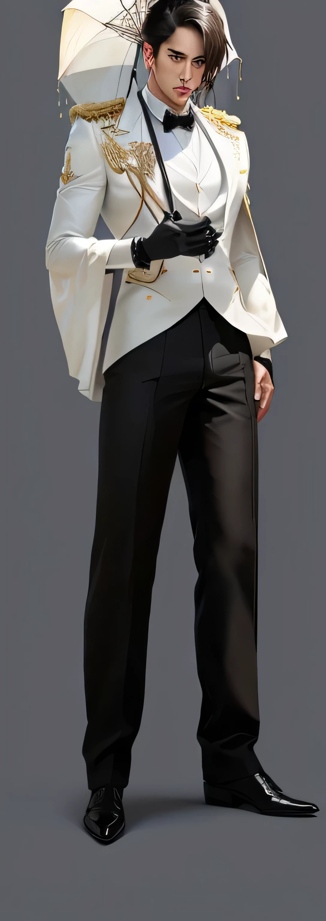 there is a man in a white shirt and black pants holding an umbrella, full body details, highly detailed character, full body shot hyperdetailed, detailed with shadows, zoomed out full body, height realistic details, 2 d render, full body single character, full character body, extra detailed body, stylized portrait formal pose, single character full body,Rich in details,Masterpiece,Clean shaping,beautiful clothes