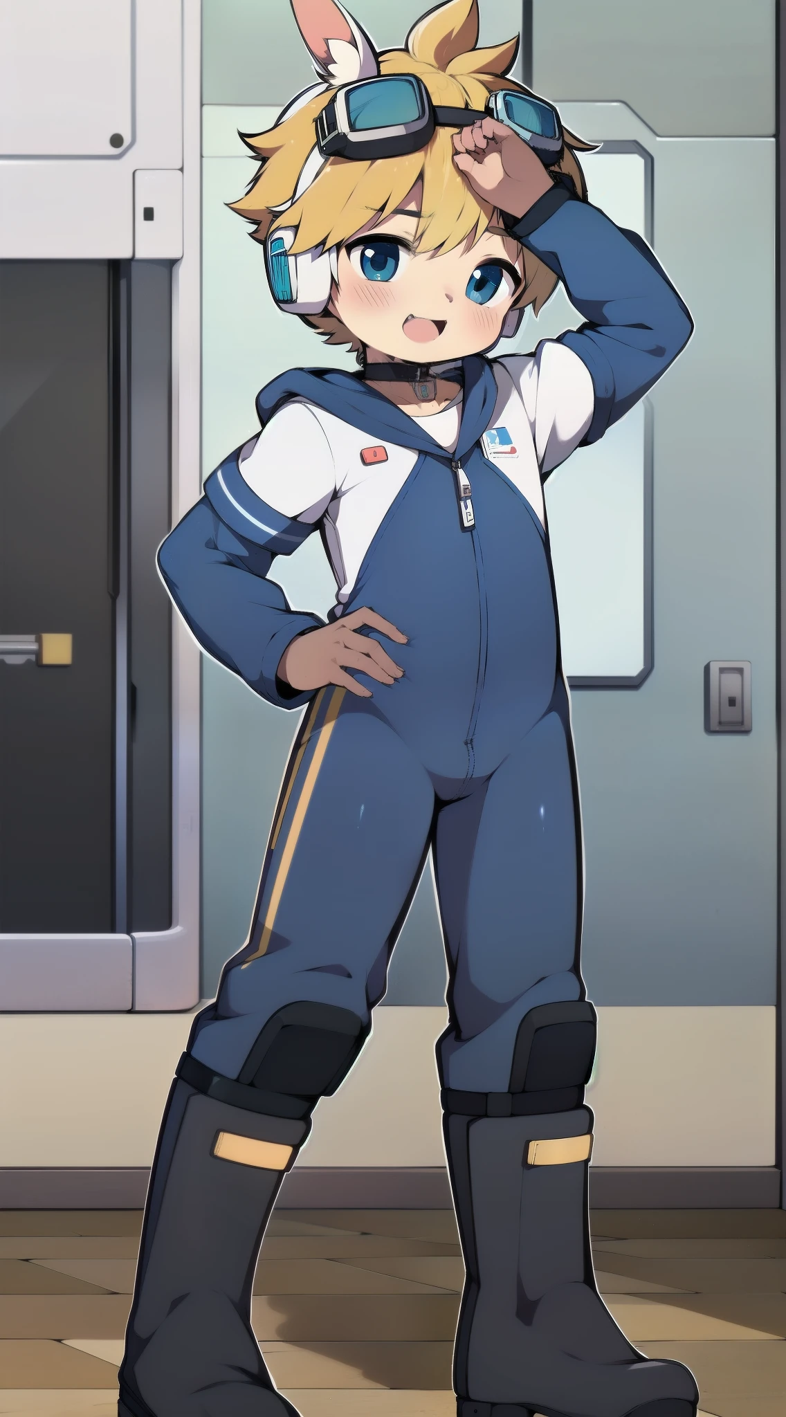 2D Shonen Shota,One-piece suit,Slim, healthy body,Put the headphones on your head,stand up,goggles,Rabbit ears,Happy,Sailor collar,boots,charming,Akimbo