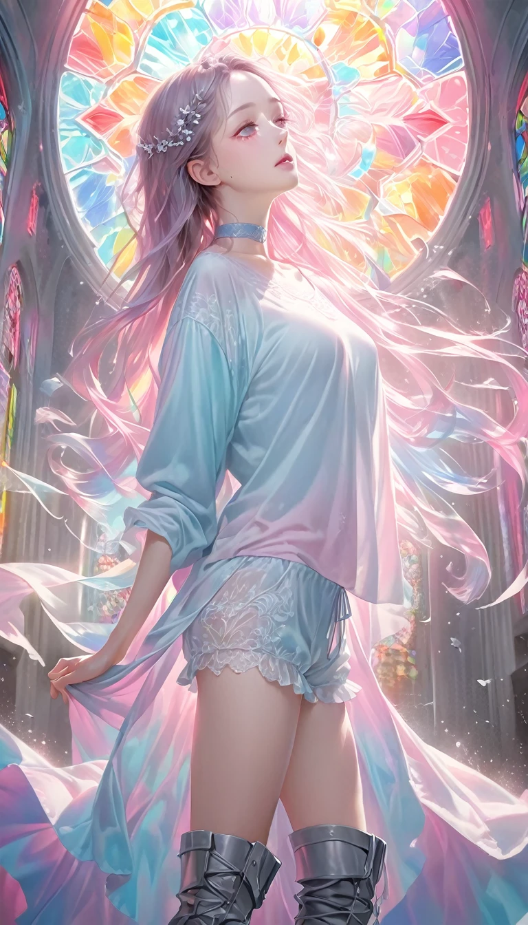 beautiful woman, (big round eyes, star-shaped pupils), amorous and lewd face, cool and sadistic, looking down with a cold gaze, makeup, great proportion, wearing baggy loose shirt, frilly shorts, heavy engineer boots, choker, standing pose, background pastel color palette, large pastel stained glass, shading effects, gradation magic effects, (ultra detailed, absolutely resolution, best quality:1.3), 2.5D, delicate and dynamic, artistic photography, hyper realistic, graphic CG digital art