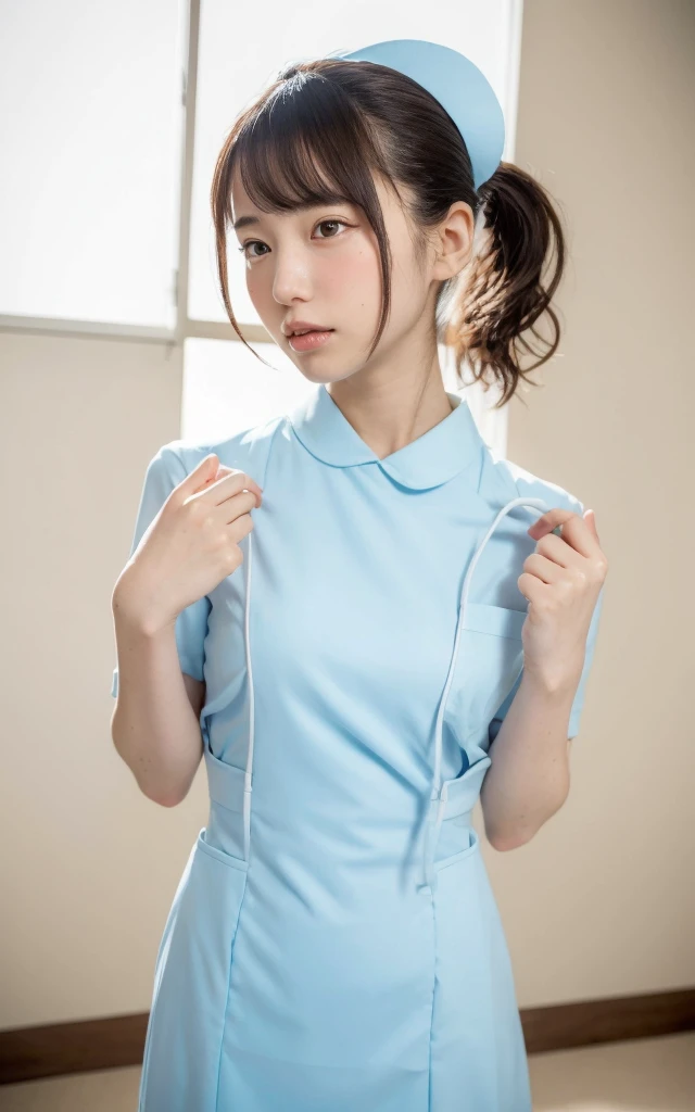 ((highest quality, 8K, pieces fly: 1.3)), beauty, one japanese girl, nurse, whole body, perfect ???????, Are standing, black hair, dull bangs, Lower ponytail, 20-year-old, face focus, detailed face, highly detailed lips, fine eyes, sweaty skin: 1.2, nurse uniform, light blue dress, nurse cap,((Her clothes are open a little and her underwear is visible:1.4))