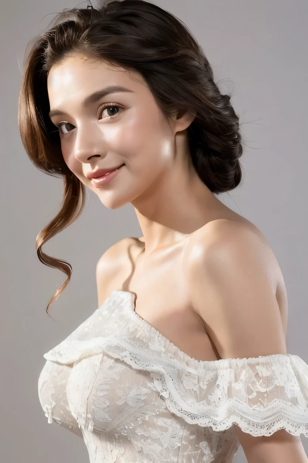 ((Highest quality, 8k, masterpiece: 1.3)), sharp: 1.2, Perfect Body Beauty: 1.6, ((Layered Hairstyles, Big Breasts: 2.0)), (white lace dress: 2.0, Off-the-shoulder dress: 2.0, A dress that exposes the chest: 2.0), (Boldly exposed cleavage: 2.0), ((long hair: 2.0)), ((necklace)), Earrings, ring, Bracelet, Hair Accessories, ((Beautiful young ager woman)), ((Straight nose)), (Eyeliner), Armpit Hair, Bristles, ((White and beautiful skin)), Wavy Hair, Beautiful attention to detail, Super detailed, Highly detailed face and skin texture, fine grain, double eyelid, Black Hair, Big Ass, Lower Body, Thighs, (((Skinny))), Wet and shiny lips, smile, Get a grip on your body, ((Anatomically correct human body)), ((Crisp body shape)), Ribs, clavicle, Protruding skeleton, A face without nasolabial folds, Shyness, Thin eyebrows, Big eyes, (shoot from side: 1.0), (Narrow shoulders: 2.0), (Smile: 1.0)