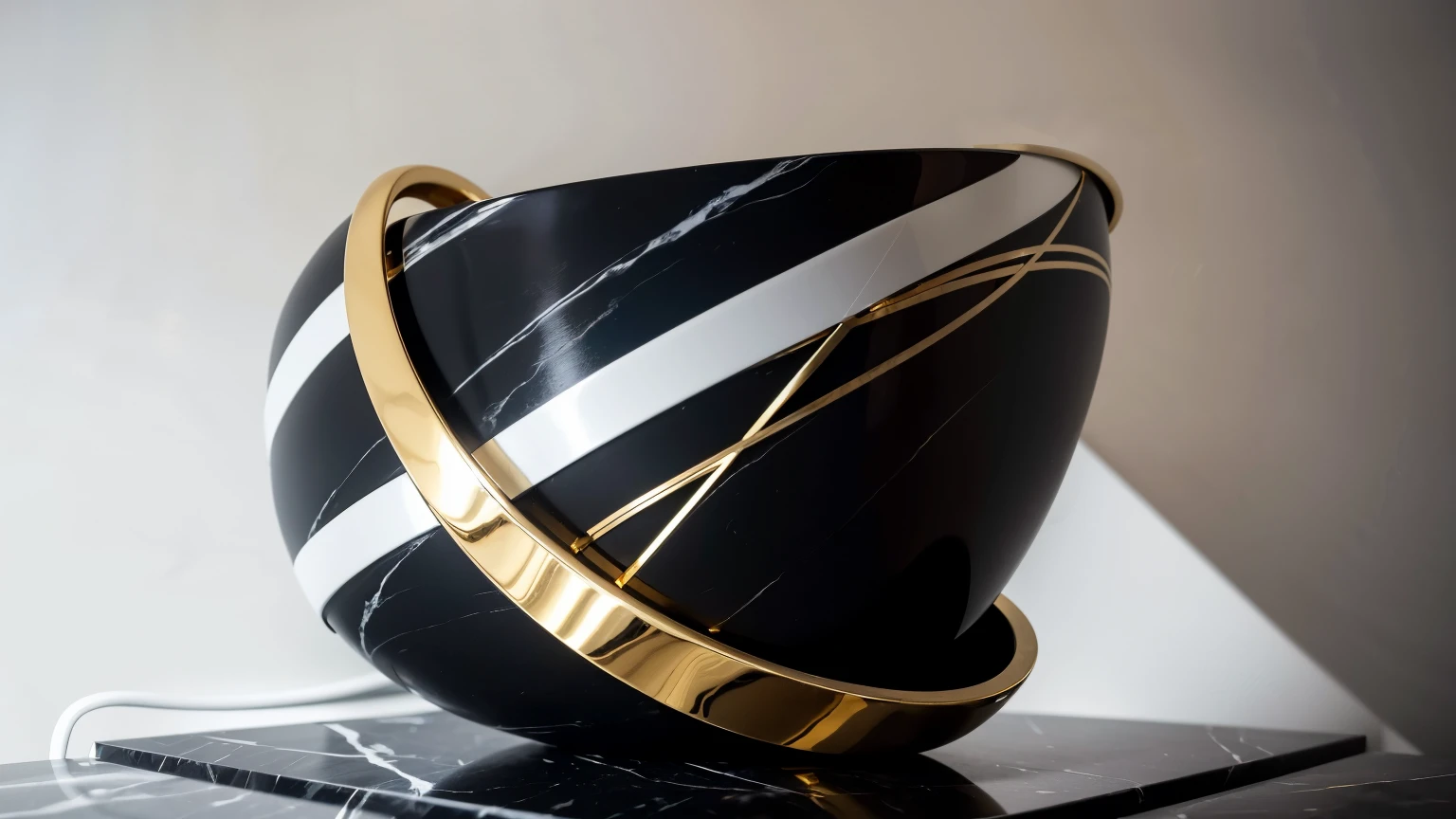 Create an image of an abstract sculpture in a studio with a white background. The sculpture must be made of black marble with golden veins, as if it were a homogeneous mixture of marble and gold. The shape of the sculpture should be intriguing and evocative, suggesting the idea of reflection and deep thinking. The piece must be visually impressive and create a feeling of contemplation. Ensure lighting and perspective highlight the details and contrasts of black marble and gold, creating an elegant and sophisticated effect.