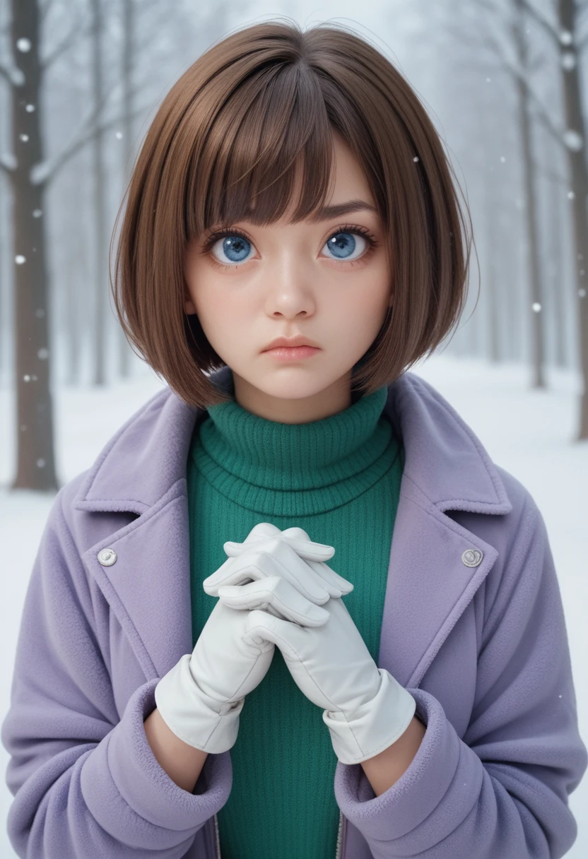 girl, Brown Hair, Bob Haircut, With bangs, A purple snow jacket with a green sweater inside, With hands together, A little serious expression, Big eyes, White gloves, blue eyes,