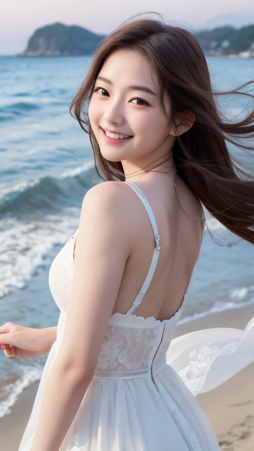 (RAW Photos, Highest quality), (Realistic, Photorealistic:1.3), masterpiece, Very delicate and beautiful, Soft Light, Beautiful detailed girl, (Detailed fingers), 1 girl, Japanese, Pure beauty, cute, young, smile, Beach, Hair moving in the wind, back