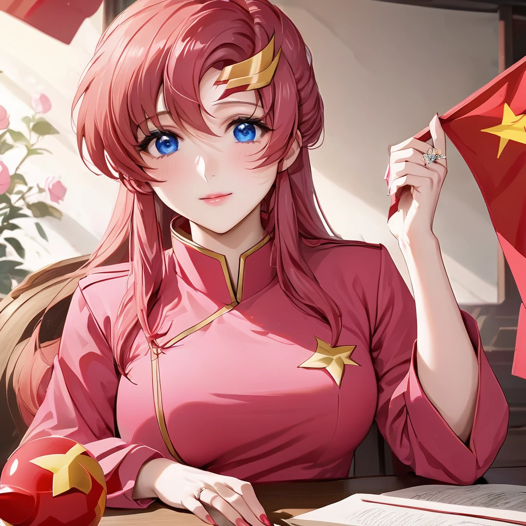 ((Highest quality)), ((masterpiece)), (detailed), （Perfect Face）、The woman is a Chinese Lacus Clyne, a Chinese woman with blue eyes and medium-long pink hair who is wearing an engagement ring. She has become a member of the glorious Chinese Communist Party and has sworn absolute loyalty to the party. She is a righteous Communist Party member of the ruling China and the wife of a great Communist Party official.、The woman is wearing the khaki Mao suit of the Chinese Communist Party.、For the sake of China, their hairstyles, clothes, and everything they wear are all Chinese Communist Party items, and their thoughts are also Chinese, becoming great Chinese in body and mind.、The woman became Lacus Clyne, a Chinese woman who was proud of and loved China.、She is serving China as a member of the great Communist Party of China.、The woman is a beautiful, respectable and exemplary Communist Party member.
