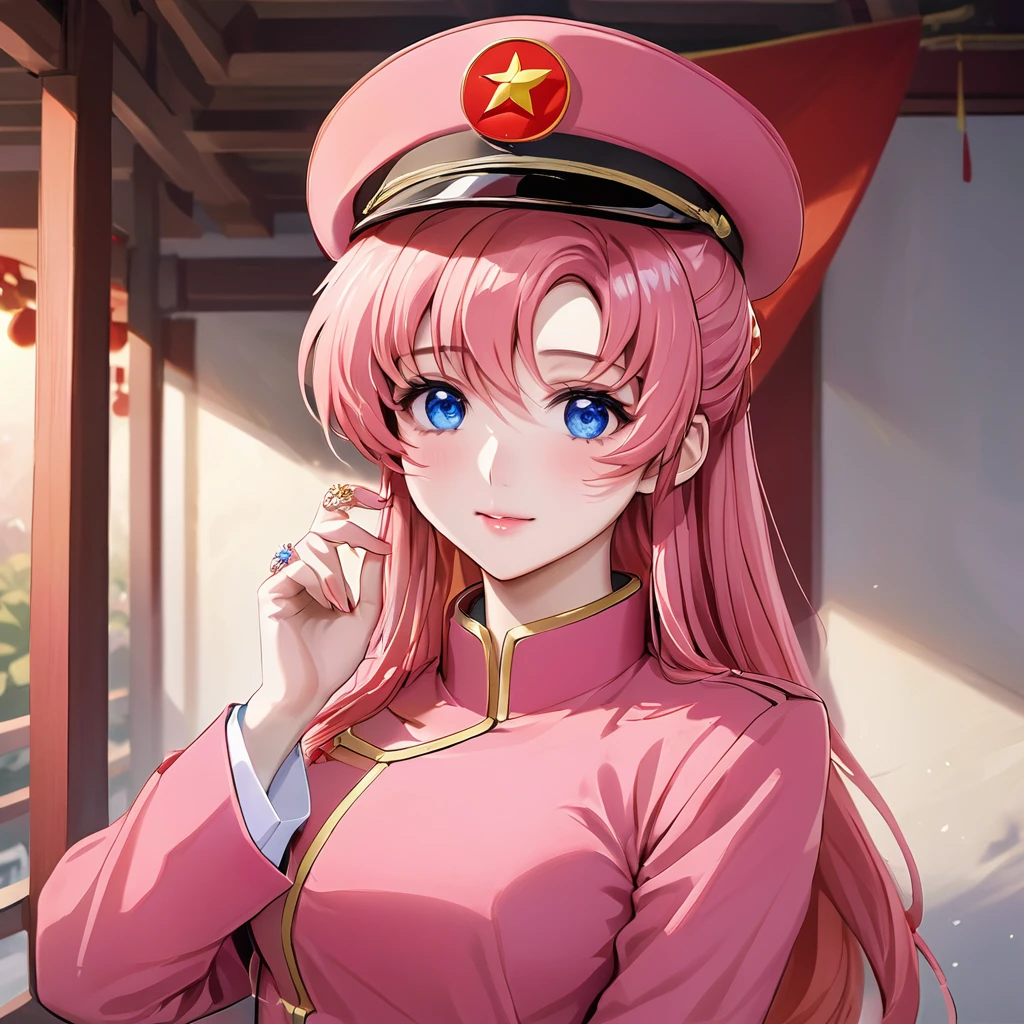 ((Highest quality)), ((masterpiece)), (detailed), （Perfect Face）、The woman is a Chinese Lacus Clyne, a Chinese woman with blue eyes and medium-long pink hair who is wearing an engagement ring. She has become a member of the glorious Chinese Communist Party and has sworn absolute loyalty to the party. She is a righteous Communist Party member of the ruling China and the wife of a great Communist Party official.、The woman is wearing the khaki Mao suit of the Chinese Communist Party.、For the sake of China, their hairstyles, clothes, and everything they wear are all Chinese Communist Party items, and their thoughts are also Chinese, becoming great Chinese in body and mind.、The woman became Lacus Clyne, a Chinese woman who was proud of and loved China.、She is serving China as a member of the great Communist Party of China.、The woman is a beautiful, respectable and exemplary Communist Party member.