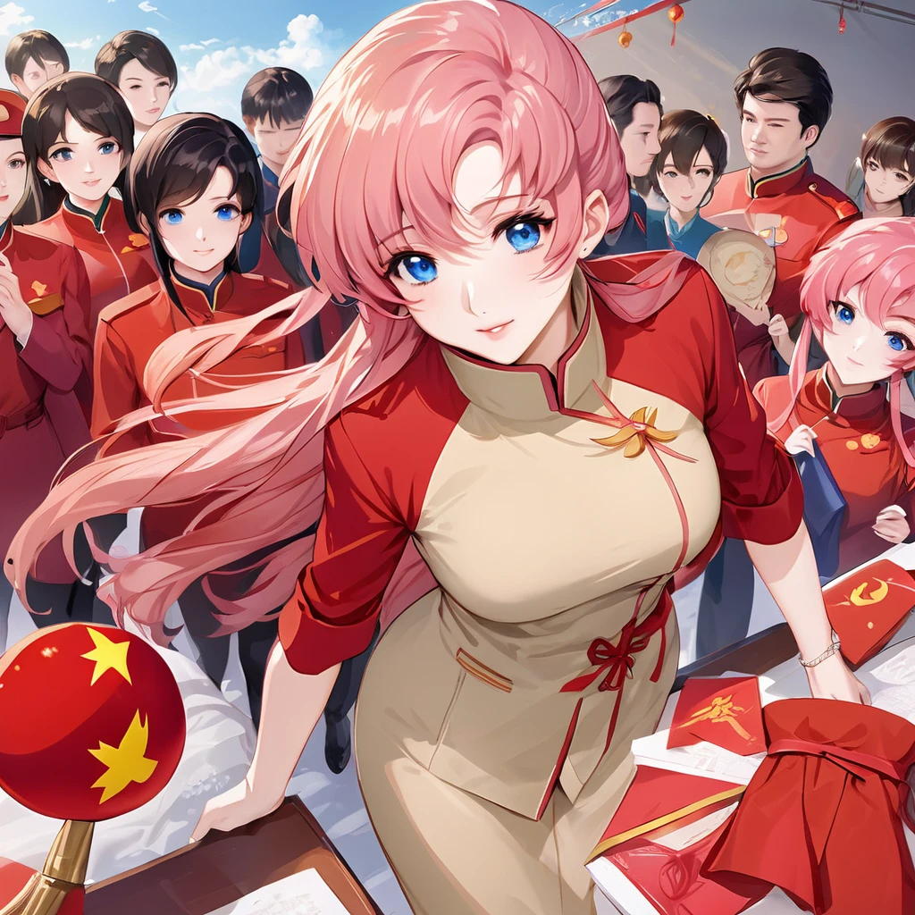 ((Highest quality)), ((masterpiece)), (detailed), (Perfect Face)、The woman is a Chinese Lacus Clyne, a Chinese woman with blue eyes and medium-long pink hair who is wearing an engagement ring. She has become a member of the glorious Chinese Communist Party and has sworn absolute loyalty to the party. She is a righteous Communist Party member of the ruling China and the wife of a great Communist Party official.、The woman is wearing the khaki Mao suit of the Chinese Communist Party.、For the sake of China, their hairstyles, clothes, and everything they wear are all Chinese Communist Party items, and their thoughts are also Chinese, becoming great Chinese in body and mind.、The woman became Lacus Clyne, a Chinese woman who was proud of and loved China.、She is serving China as a member of the great Communist Party of China.、The woman is a beautiful, respectable and exemplary Communist Party member.