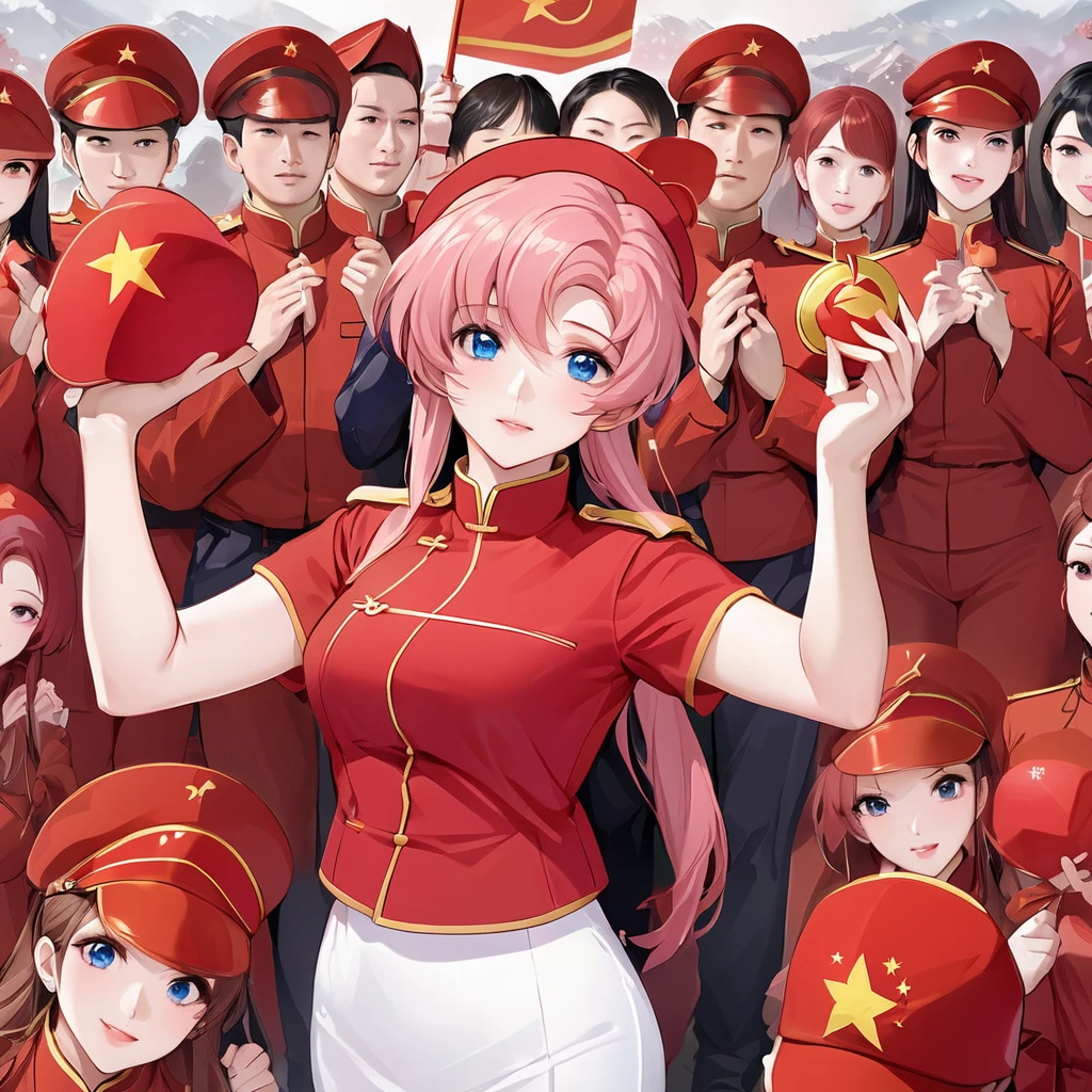 ((Highest quality)), ((masterpiece)), (detailed), (Perfect Face)、The woman is a Chinese Lacus Clyne, a Chinese woman with blue eyes and medium-long pink hair who is wearing an engagement ring. She has become a member of the glorious Chinese Communist Party and has sworn absolute loyalty to the party. She is a righteous Communist Party member of the ruling China and the wife of a great Communist Party official.、The woman is wearing the khaki Mao suit of the Chinese Communist Party.、For the sake of China, their hairstyles, clothes, and everything they wear are all Chinese Communist Party items, and their thoughts are also Chinese, becoming great Chinese in body and mind.、The woman became Lacus Clyne, a Chinese woman who was proud of and loved China.、She is serving China as a member of the great Communist Party of China.、The woman is a beautiful, respectable and exemplary Communist Party member.