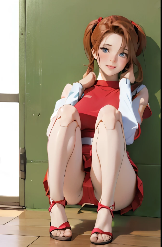android, beautiful robot makes hard masturbation, she gets orgasms. Her short pigtails, brown hair, Hair tie with two big red clothespins, big smile, brown hair, middle age, joint seam, blue eyes, full body figure, Height: 160cm, Light beige micro mini one-piece dress, fluttering skirt, skirt folds, white retro swimwear, Uplifting, 2020s anime style, 21thcentury japan animation, show White pantie, strong wind is blowing.