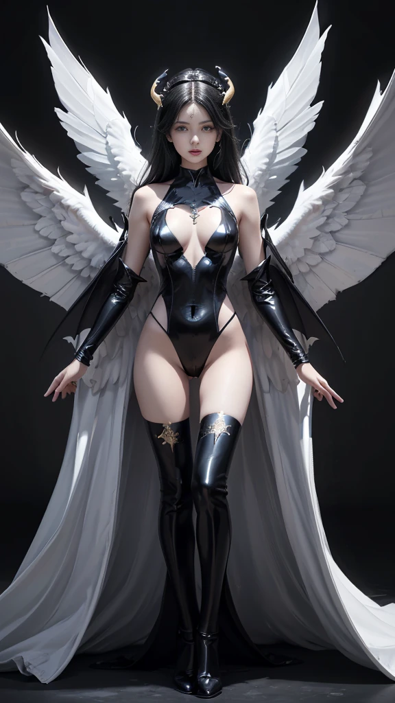 emphasis on wings, wings on shoulder, Angel wings and devil wings, white wings and black wings, (Realistic picture, highest resolution, 16ก), (A demon god with wide wings and enormous power on his shoulders..., Twelve wings on the shoulders., black bat wings:1.3 white angel wings:1.5), 6 angel wings, 6 devil wings, (Beautiful girl with two meter long hair, shiny black hairงาม, Smooth white skin, Lips are very red.), ((stand, already)), (big breasts, หัวBig tits), (gigantic breast, breast augmentation, Breast 400 cc., small waist, hips raised, small thighs, Long legs), (dynamic poses), (Armor that slightly conceals the body), Separate theme, (Angel wings and devil wings), floating in the air above the groundดิน, background darkness, Embraced with twelve wings, The horns that grow from the head are like a crown., He who has light, wears little armor, There is power coming out of the body., sparkling wings, white light black light, amazing wings, beautiful gesture, 8K resolution, Resolution 4000 x 2250 pixels, beautiful gesture, Angel wings and devil wings, (Realistic picture, highest resolution, 16K), (A demon god with wide wings and enormous power on his shoulders.., Twelve wings on the shoulders., black bat wings:1.3 white angel wings:1.5), Angel wings and devil wings, white wings and black wings,, Have wings 100 Have wings 1000, Angel wings and bat wings, wings inserted between wings, 12 wings, 6 angel wings, 6 bat wings, Angel wings and devil wings, white wings and black wings,, (Beautiful girl with two meter long hair, shiny black hair, Smooth white skin, Lips are very red.), very long hair, ((stand, toe)), (big breastsโต, หัวBig tits), (gigantic breast, small waist, hips raised, small thighs, Long legs), (dynamic poses), (black and white leotard, There are beautiful patterns., Decorated with gold embroidery., Show off your chest), Separate theme, (Angel Wings and Demon Lord Wings), floating in the air above the ground, background darkness, Embraced with twelve wings, He is white and black., A rainbow glow on the back of the head, The most busty breasts, Big tits, universe backdrop, dynamic gesture, Drive the skin, Smooth white skin, Layered wings, alternating white,alternating black, White layers of wings alternate with black layers and vice versa again.