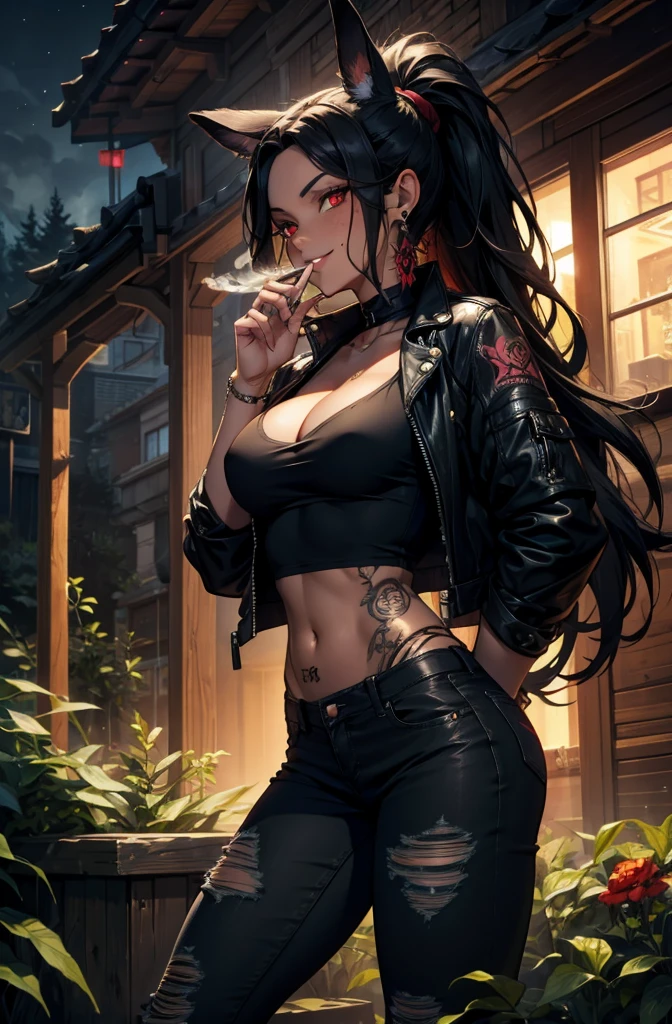 woman, alone, Dark Skin, freckles, Bright red eyes, Wavy Hair, Very long black hair, ponytail, Black rabbit ears, Large Breasts, fit, Arm tattoo, Tattoos on the face, expensive, Torn Shirt, Tight jeans, Ripped jeans, Black Shirt, impact, Dark eyeliner, Small earrings, software:2, smile, Playful, garden, night, smoking, Cleavage, leather jacket