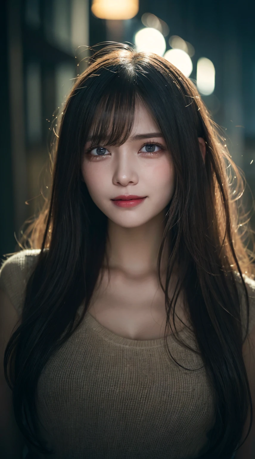 A beautiful girl crying at the bottom of the night, streaked hair, messy hair, long hair, expressive hair, evil smile, Surrealism, cinematic lighting, overexposure, UHD, UHD, masterpiece, textured skin, high details, best quality, highres, award winning