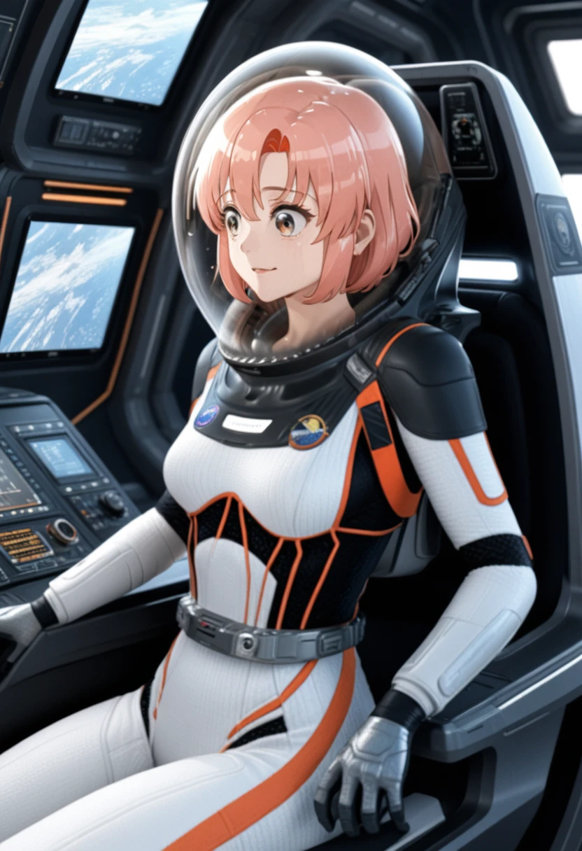 eva helm, spacesuit , astronaut),  pink hair, bubble helmet, space helmet, (1girl:1.1) wearing a (spacesuit:1.15), white cargo pants, (ugh, wtf do these buttons do:1.3), inside the cockpit of a (futuristic spaceship:1.1), sitting in the captains chair, (intricate control panels:1.3), (gleaming metal:1.1), surrounded by many buttons and dials and gauges, concerned, beautiful 8k wallpaper, highly advanced, (sleek design:1.3), intricate, highres, superb, 8k wallpaper, extremely detailed, intricate, lacus clyne, (short hair:1.7), smile