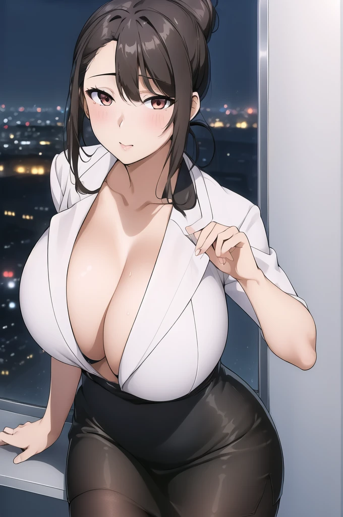 (night:1.7), Japan, Tokyo, City View, In front of the window,
Stand in an upright and immobile position,
(upper_body),(close),(Focus on her face),
black_shirt,pantyhose, Pencil Skirt,white_Jacket,chestの谷間, clavicle,
office lady,
Brown Hair,Red eyes, black縁眼鏡,Hair Bun,Swept-apart bangs,
1 girl, 24-years-old,Mature Woman,beautiful Finger,beautiful long legs,beautiful body,beautiful Nose,beautiful character design, Perfect Eyes, perfect face,
View your viewers, Center the image,
Browsing Caution,Official Art,Very detailed CG ユニティ 8k 壁紙, Perfect lighting,colorful, bright_front_face_Lighting,
(masterpiece:1.0),(Highest_quality:1.0), 超High resolution,4K,Very detailed,
photograph, 8k, High resolution, High resolution, Absurd:1.2, 400 for Kodak Port, Film Grain, Blurred Background, Bokeh:1.2, Lens flare, (Vibrant_color:1.2)
(beautiful,big_chest:1.4), (beautiful_face:1.5),(narrow_Waist),