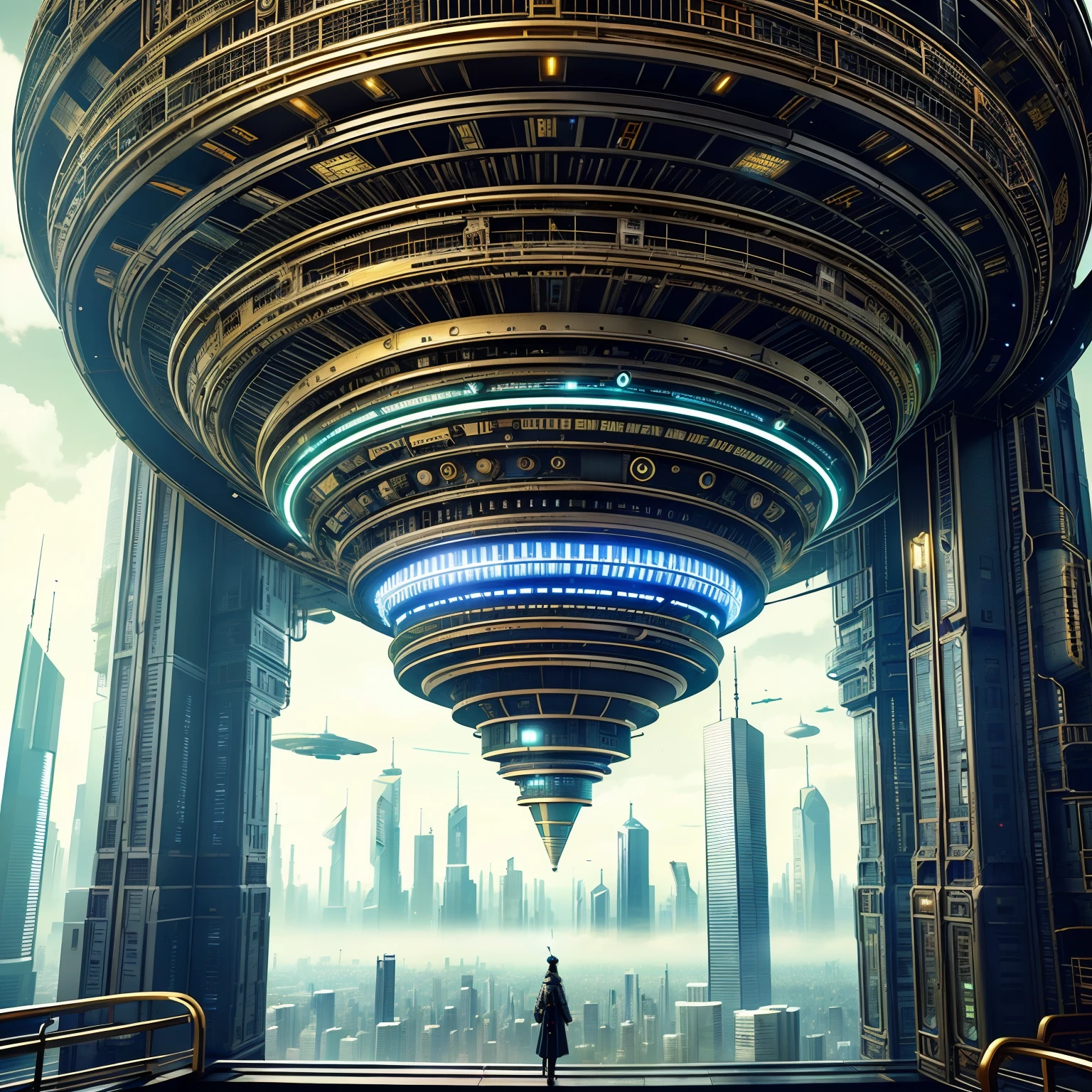 Planeta Cyberneticon, a masterpiece of digital art, showcased in 8k resolution with the best quality and ultra-high definition. The background displays a dystopian cityscape, filled with neon lights and towering skyscrapers, painted with realism at a level of 1.4. The central focus is a planet, Gloriana-6, a breathtaking cybernetic beauty, characterized by its intricate details, hyperdetailed at a level of 1.2.
Gloriana-6, a glowing sphere of light and technology, is hovering above the city, illuminating it with a soft, ethereal glow. The planet's