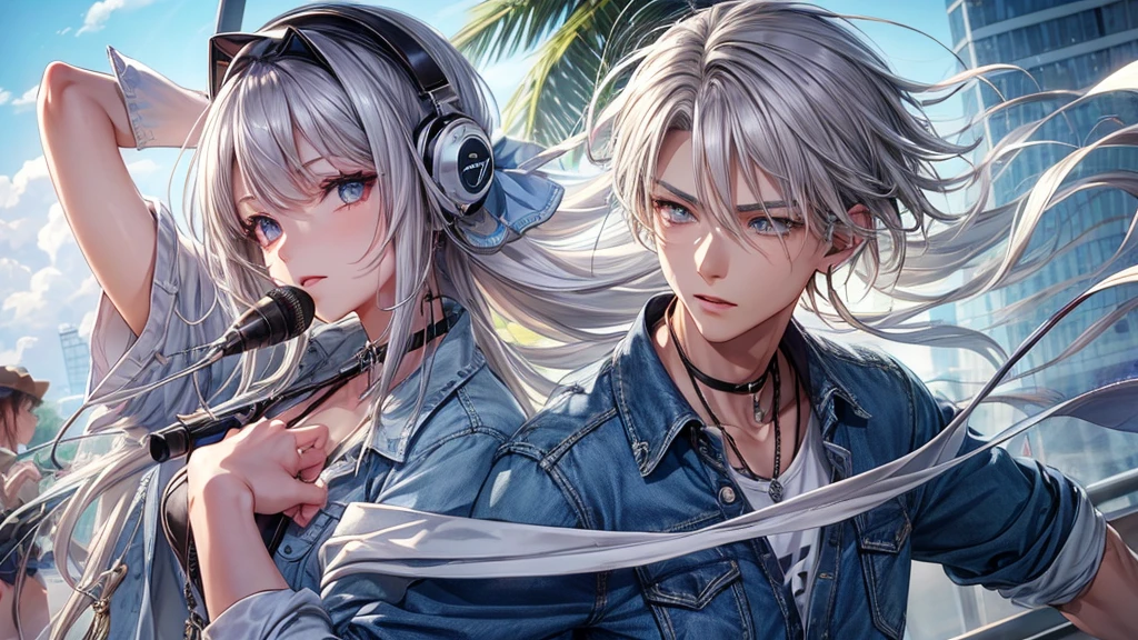 Silver-haired man with slanted eyes、vocal、headphone、Summer festival、Denim shirt