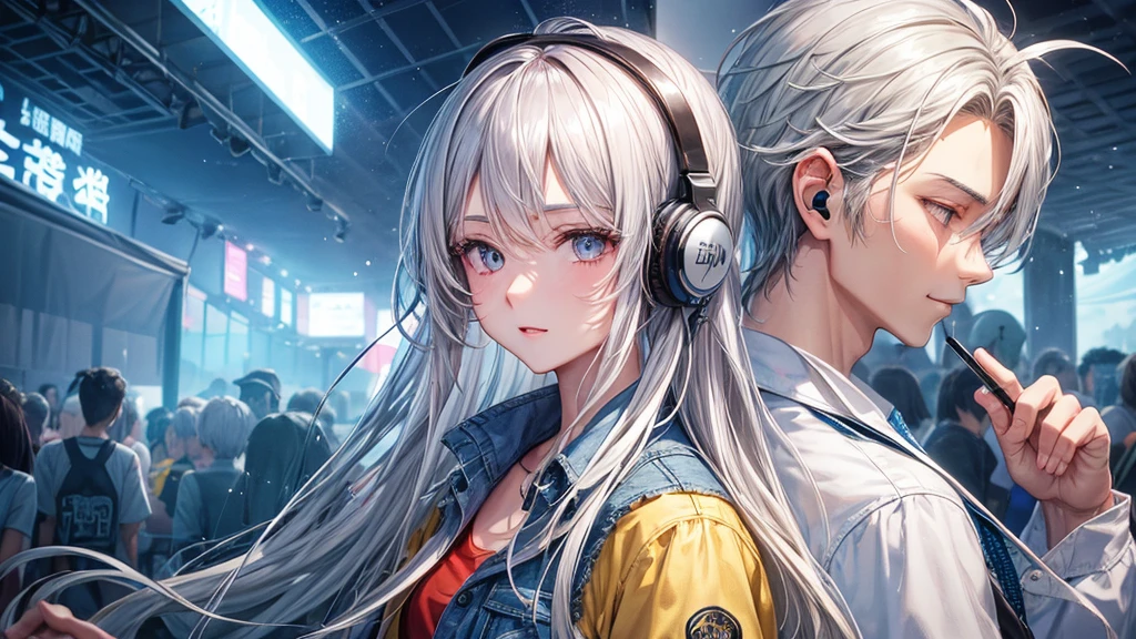 Silver-haired man with slanted eyes、vocal、headphone、Summer festival、Denim shirt
