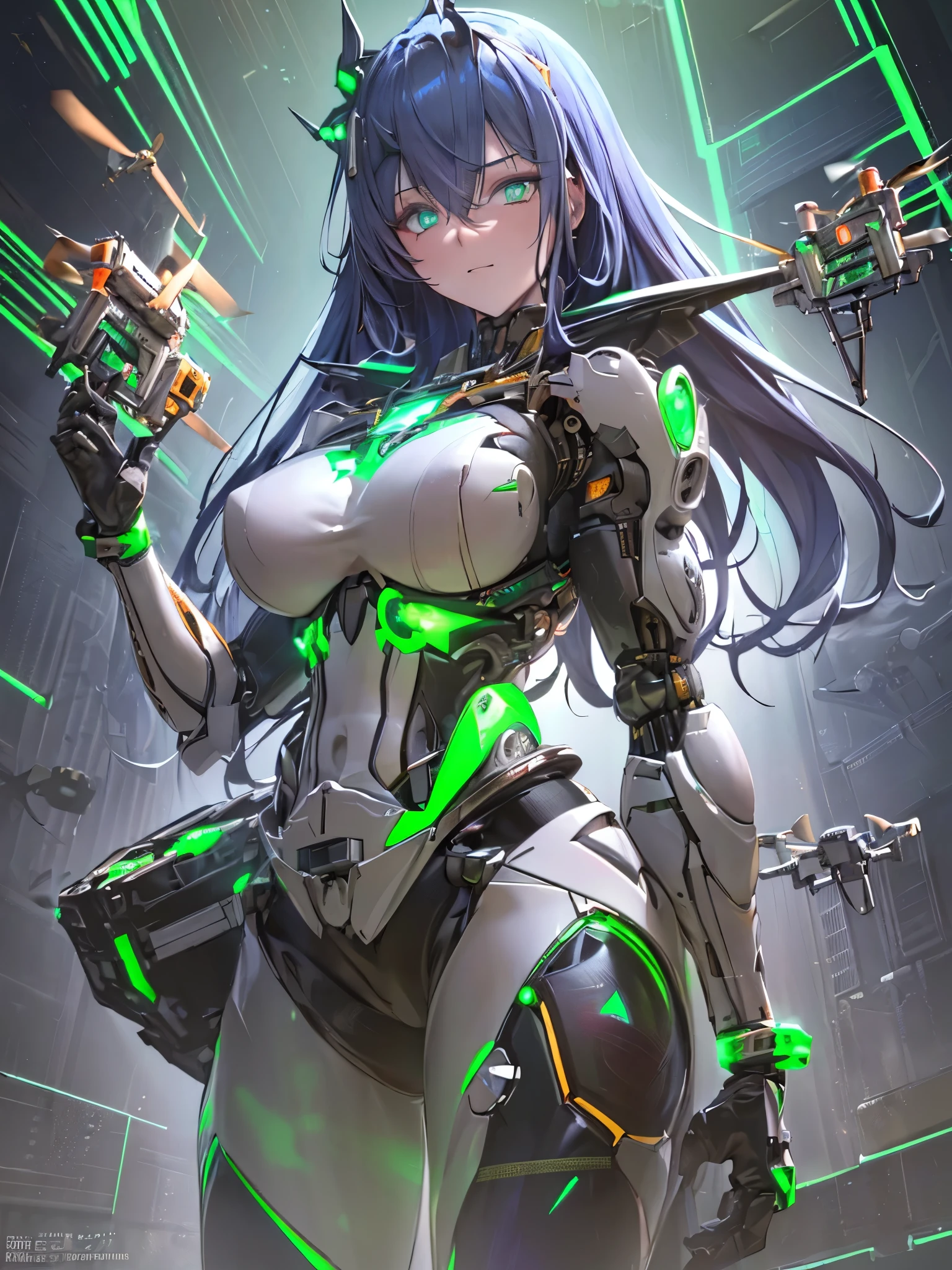 ((Highest quality)),(Ultra-high resolution),(Super detailed),(Detailed Description),((The best CG)),(masterpiece),Highly detailed art,(Art with precise detail:1.5), (Female Cyborg:1.5),(Beautiful and well-proportioned face:1.3),(Fitted Suit:1.6),(Exposed mechanism:1.4),(Fluorescence line:1.5),(Luminescent core:1.6),Actuator:1.4,cylinder:1.3,manipulator:1.3,(Hall々And:1.4),(Impact:1.3),(launcher:1.4),(Sub Arm:1.4),(Surrounding drones:1.5),Combat knife:1.3,spike:1.4, (Assist Machine:1.2. Crawler:1.5)